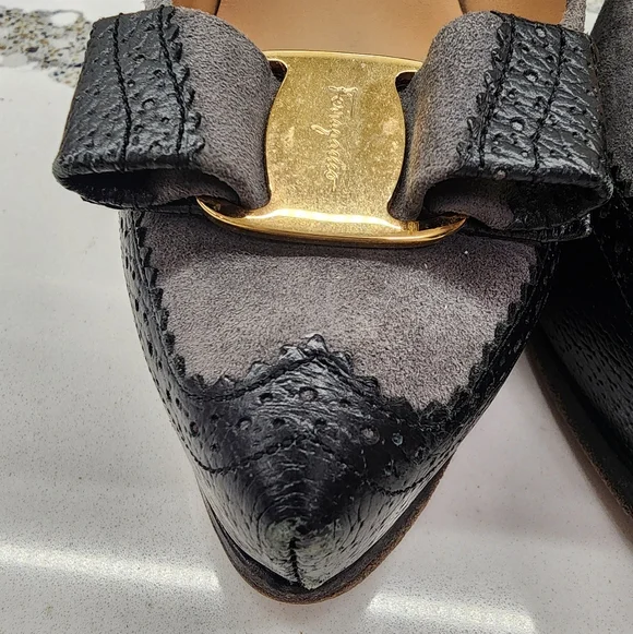 Ferragamo Vara Spectator Platform Pumps Gray Suede & Black Leather US 10, IT 40 - Picture 11 of 14